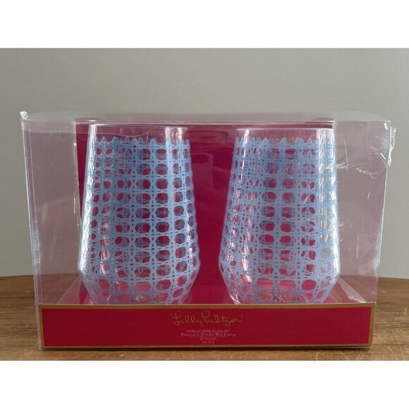 Set of 2 Lilly Pulitzer Stemless Acrylic Wine Glasses Blue Caning Lattice - Picture 1 of 3